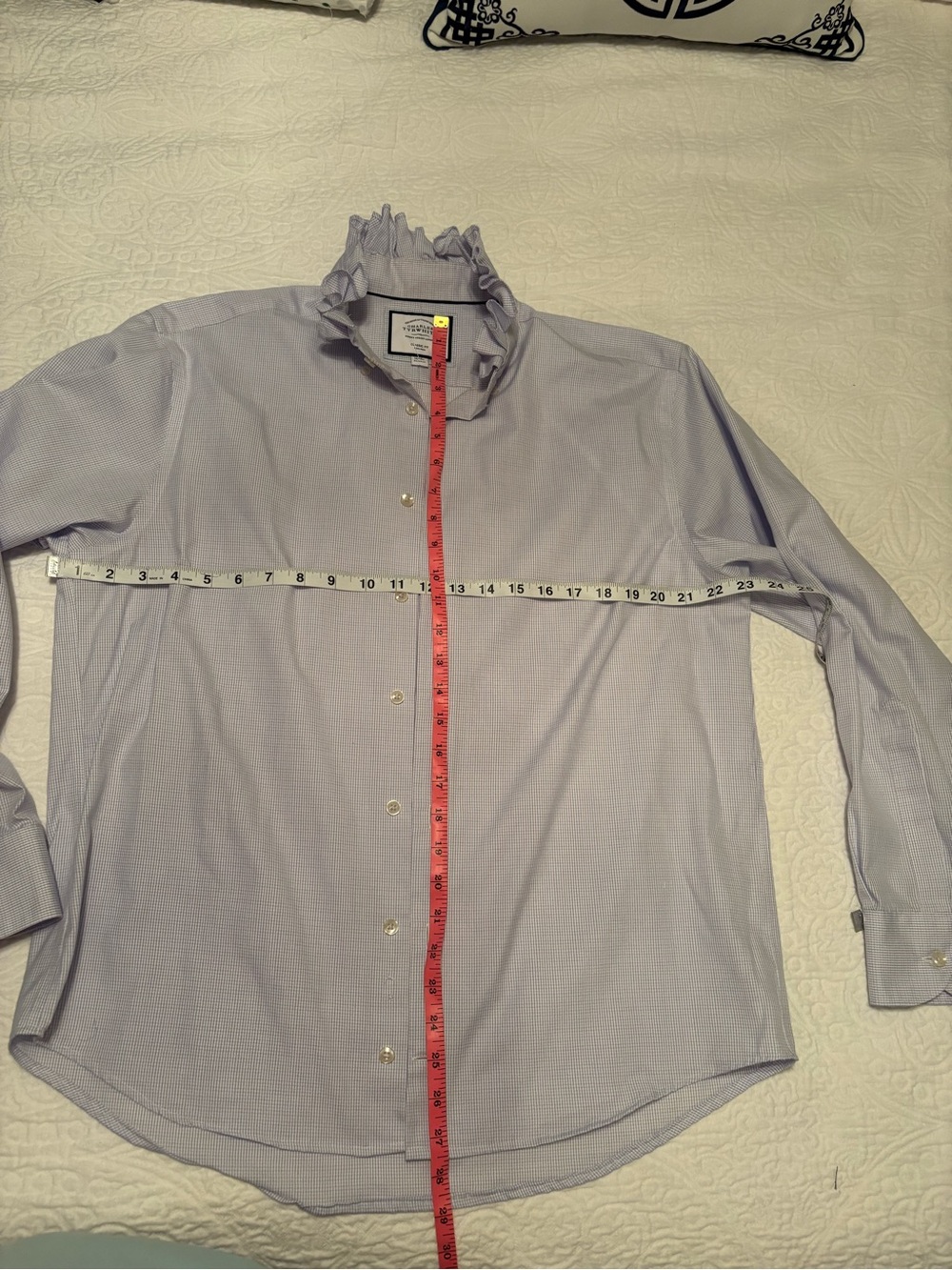 Upcycled Light Lavender Dress Shirt with Ruffle Collar B 23 L27-1/2